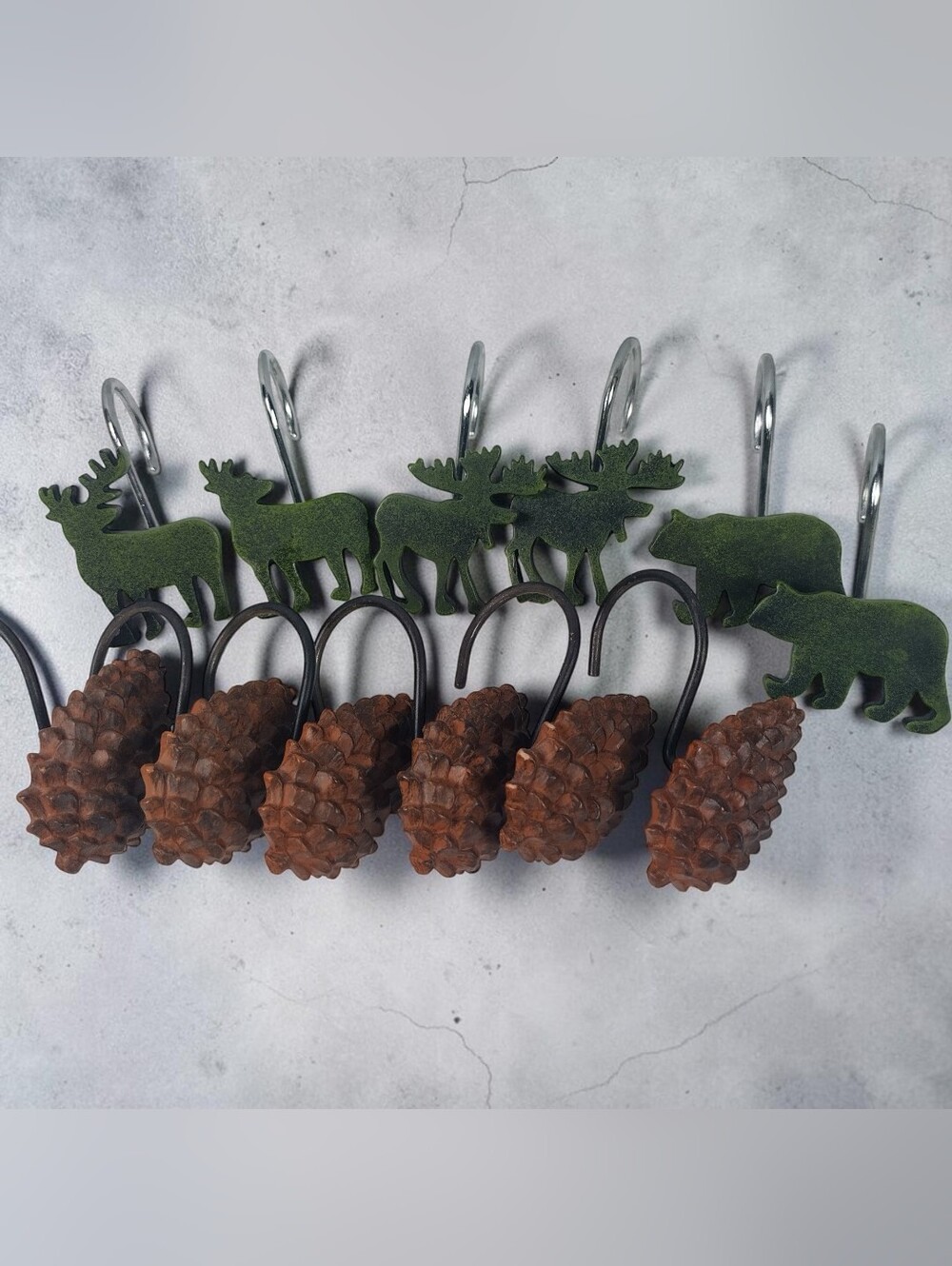 Rustic Outdoor Wilderness Cabin Shower Curtain Animal Hooks Moose Bear Pine Cone